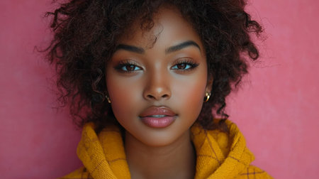 Close-up portrait of a young woman with curly brown hair, styled makeup, wearing a vibrant yellow sweater, against a pink background. The image evokes beauty, warmth, and modern fashion.の素材
