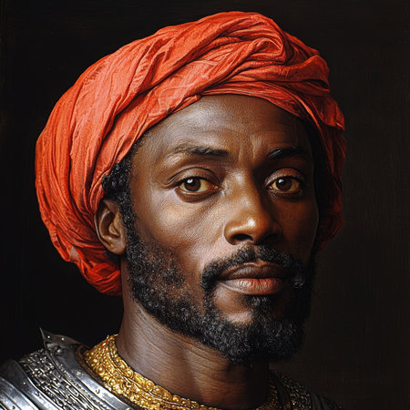A detailed portrait image of a man wearing a red headwrap and traditional decorated attire, displaying a captivating and thoughtful expression against a dark background.の素材