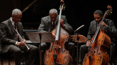 Talented jazz musicians playing double bass and trumpet on a stage during a performance, creating engaging soulful rhythms. The ambiance reflects professional dedication, artistic creativity, and the beauty of collaborative music.の素材