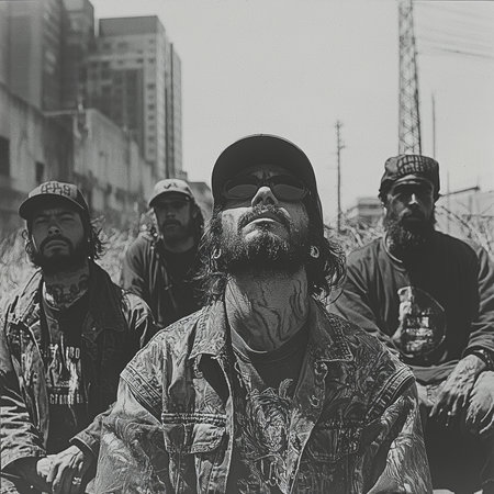 Four individuals pose in an urban environment, characterized by distinct rugged fashion and a raw, gritty style, exuding confidence and deep individuality against a stark cityscape.の素材