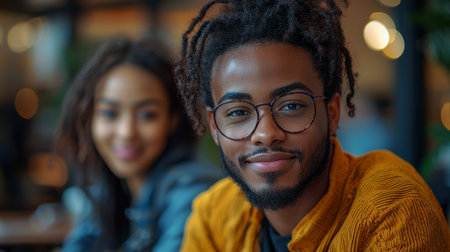 A cheerful man wearing glasses enjoys a friendly moment indoors, with a blurred friend in the background. The setting is warm and inviting, emphasizing companionship and positive emotions.の素材
