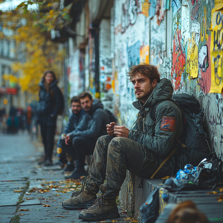 Man sitting near a graffiti-covered wall in a city, accompanied by friends, expressing camaraderie and casual relaxation. The setting showcases an urban vibe and artistic surroundings during autumn.の素材