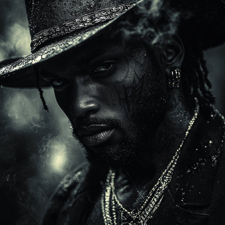 A dark, atmospheric portrait of a man adorned with accessories and a stylish hat, surrounded by a smoky and moody background, exuding a mysterious and captivating demeanor.の素材