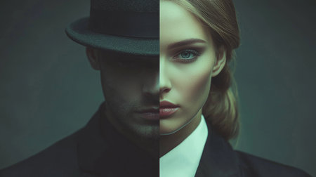 Illustration of a male and female face merged into one, showcasing contrasts and unity. It highlights artistic expression and individuality, with contrasting features depicted in a balanced and visually striking composition.の素材