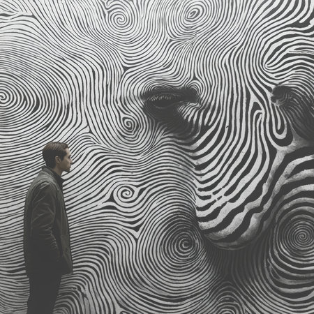 A man stands before an intricate artwork featuring a stylized black and white animal face. The work's swirling lines and patterns create a striking optical illusion, evoking curiosity and artistic appreciation.の素材