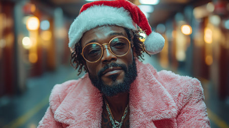 A fashionable man wearing glasses, a Santa hat, and a pink fur coat in a festive setting with defocused lights in the background advertising the holiday season.の素材