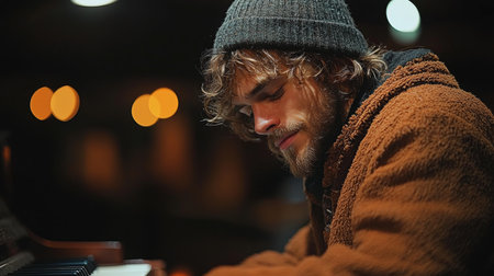 A musician enjoys playing the piano under soft night lighting, with calm reflections surrounding. The image conveys a sense of inspiration and creativity during a peaceful solo performance.の素材