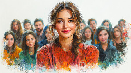 A digitally artistic depiction of a diverse group centering on a confident woman. Ideal for concepts of leadership, inclusivity, optimism, and creativity in a vibrant, colorful style.の素材