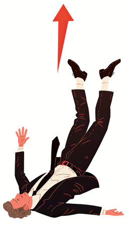 Illustration showcasing a businessman falling backward with an upward arrow, symbolizing concepts of financial crisis, failure, risk, or significant challenges in the business world.の素材