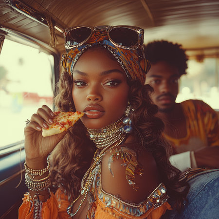 A fashionable woman with artistic jewelry enjoys a slice of pizza inside a vintage vehicle.の素材