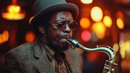 An expressive jazz musician plays the saxophone passionately, illuminated by a colorful background with warm bokeh lights, creating a cozy and artistic ambiance.の素材