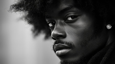 Black and white close-up photograph of a young man looking intensely with a contemplative expression.の素材
