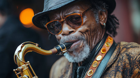 A focused close-up view of an experienced saxophone player performing outdoors in a lively and urban ambiance. The musician is passionately playing, showcasing a rich cultural and musical heritage.の素材