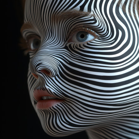 An expressive close-up of a person's face with detailed black and white stripes creating an optical illusion. The image highlights creativity and modern artistry, showcasing mesmerizing patterns and intricate facial details.の素材