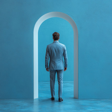A man in a sleek blue suit steps through a geometric archway in a stylish minimalist blue setting, evoking themes of professionalism, confidence, and modern elegance.の素材