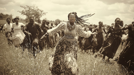 A cheerful group runs energetically through an open field, celebrating togetherness and freedom under a bright sky.の素材