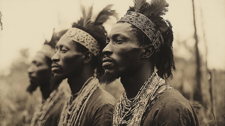 A sepia-tone photograph showcasing individuals adorned in tribal attire, featuring intricate beads and traditional headpieces, situated against a natural outdoor background to highlight cultural heritage and traditional craftsmanship.の素材