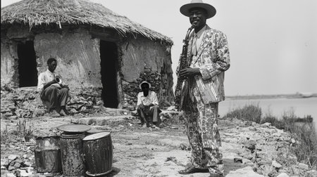 A musician stands with a saxophone, wearing a patterned suit, beside a rural structure while percussion instruments are placed nearby.の素材