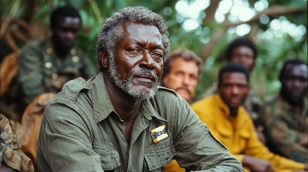 A determined individual in focus, surrounded by companions, conveying leadership and resilience within a natural setting, ideal for representing themes of unity, group dynamics, perseverance, and strength.の素材