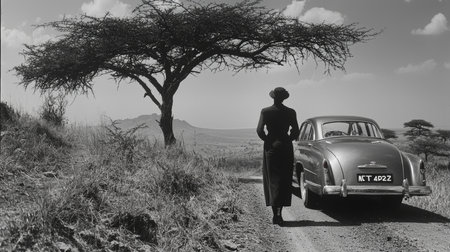 A person in vintage attire steps away from a classic car in a natural landscape. The scene features an isolated tree and rolling hills, evoking a sense of nostalgia and exploration.の素材