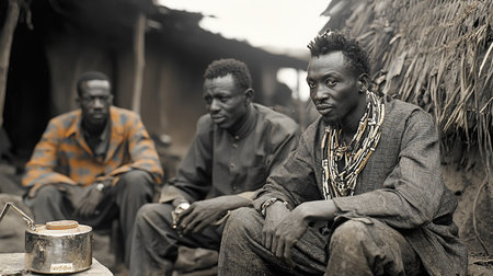 A group of three men sitting outside in a rustic setting, wearing traditional clothing and engaging in conversation. The composition reflects culture, fellowship, and storytelling under natural surroundings.の素材