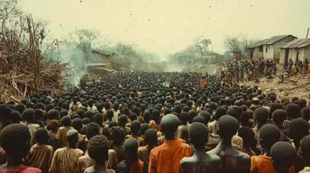 A large group of people gathered in a rural village amidst vibrant surroundings. These individuals display a sense of community, culture, and togetherness in their traditional setting.の素材