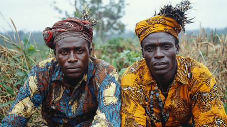 Two individuals in vibrant patterned attire sit together in a natural, outdoor rural area. They wear distinct headdress and necklaces, reflecting cultural heritage and tradition.の素材