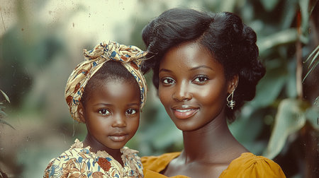Portrait of a smiling mother and her daughter in traditional colorful attire, radiating warmth and connection, surrounded by a natural leafy background, symbolizing family bond, harmony, and tradition.の素材