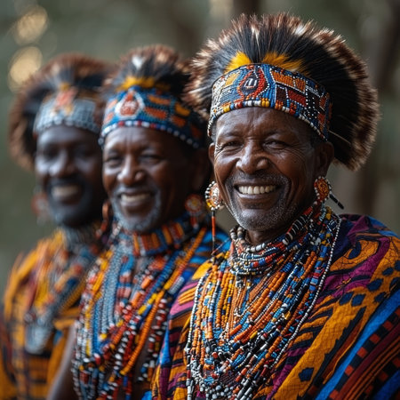 A group of smiling men wearing colorful traditional African clothing and beadwork, showcasing cultural richness and community, captured in natural outdoor lighting with vibrant expressions and natural backgrounds.の素材