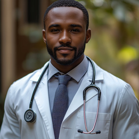 Portrait of a confident medical professional wearing a stethoscope, symbolizing healthcare expertise. The setting suggests professionalism in the medical field, conveying trust and dedication to health and patient care.の素材