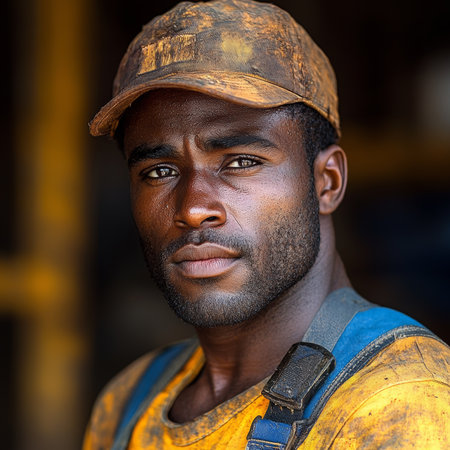 Close-up of a dedicated laborer wearing a casual work uniform and a weathered cap, captured with natural lighting to highlight determination and resilience, suitable for themes of hard work and industry.の素材