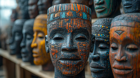 Vividly detailed wooden African sculptures with artistic carvings arranged in rows, showcasing traditional craftsmanship through vibrant design, cultural significance, and artistic expression in a gallery or market table setting.の素材