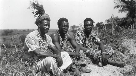 Three men wearing traditional attire and beaded necklaces sitting outdoors, showcasing cultural heritage.の素材