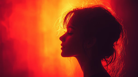 A striking silhouette of a woman against a rich orange and red background, evoking a sense of introspection, mystery, and dramatic beauty, perfect for concepts of passion, depth, and internal reflection.の素材