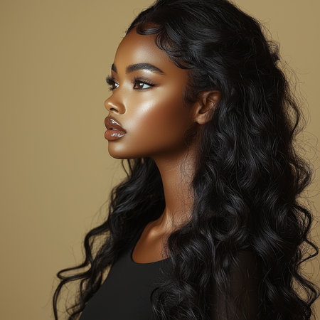 An artistic portrait capturing the elegance of a woman in profile. The composition highlights her radiant complexion, expressive eyes, and cascading dark hair, evoking a sense of refinement and grace.の素材