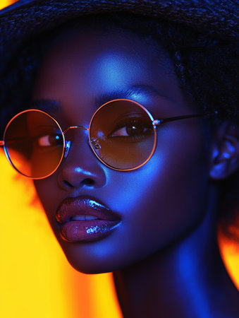 Expressive and colorful portrait featuring a stylish woman wearing round glasses, illuminated by neon-like lighting in bold blue and orange tones, emphasizing vivid fashion and unique photography.の素材