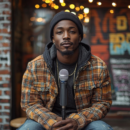 A portrait of a confident individual holding a microphone in a city setting. The glowing lights create a warm atmosphere, emphasizing creativity, individuality, and a connection to urban culture and artistic expression.の素材