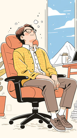 Illustration of a calm young man sitting in a chair, enjoying a serene scene with a mountain visible outside a window. Ideal for concepts of relaxation, peace, and taking a break.の素材