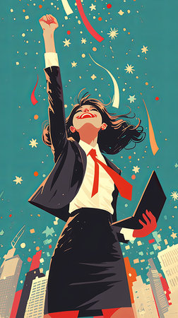 A cheerful businesswoman in a suit celebrates success holding a laptop triumphantly, against a colorful contemporary cityscape, depicting confidence, joy, and accomplishment.の素材