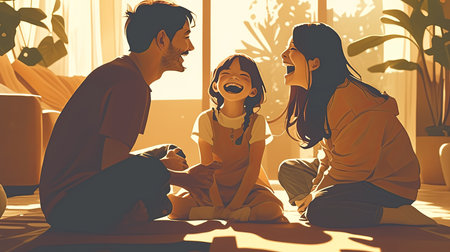 A cheerful family laughing joyfully together indoors, capturing a warm and blissful moment of togetherness and love, surrounded by soft sunlight and cozy decor, portraying harmony and genuine familial affection.の素材