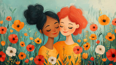Two friends are portrayed in a joyful and intimate setting surrounded by vibrant flowers, sharing a moment of connection and serenity that evokes warmth, harmony, and dedication to their bond.の素材