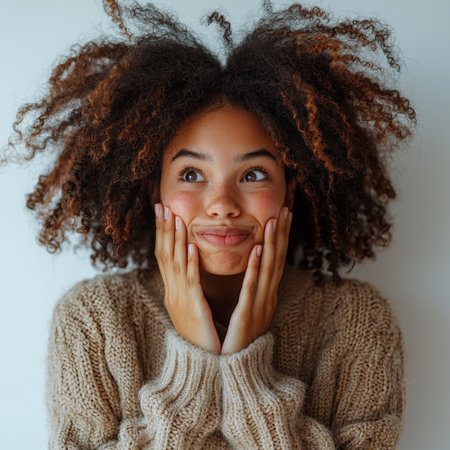 Close-up of a smiling woman with voluminous curly hair, wearing a cozy knit sweater, expressing warmth and happiness. The gray background emphasizes her charming facial features and positive emotions.の素材