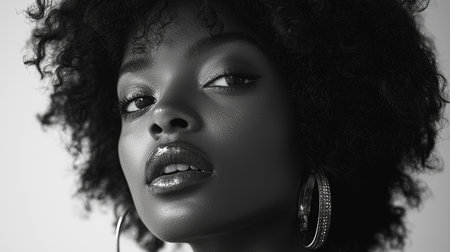 Monochromatic close-up portrait of a confident woman showcasing natural hair and elegance. The intense gaze and meticulous composition highlight her facial features and stylish accessories, offering an artistic perspective on beauty.の素材