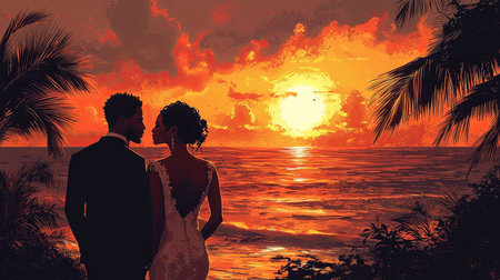 A bride and groom share a romantic moment by an ocean as the sun sets, surrounded by the beauty of a tropical coastline. The scene radiates love, warmth, and serene natural beauty.の素材