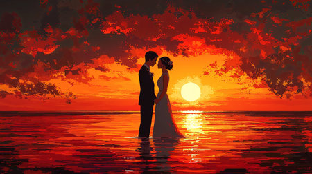 A couple stands together in formal wedding attire at sunset by the ocean, encapsulating romance and commitment amidst warm and vivid tones of the setting sky and clouds reflecting on water.の素材