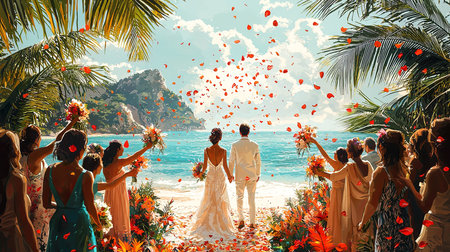 Bride and groom stand by the ocean as guests throw flower petals, celebrating.の素材