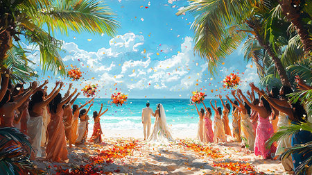 A picturesque tropical wedding on a pristine beach with joyful celebrations under palm trees, featuring blue skies and vibrant floral arrangements bringing a festive and romantic atmosphere to this special occasion.の素材