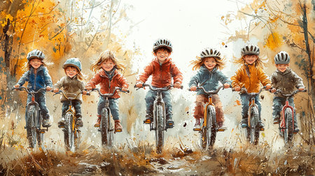 Joyful children biking through a leafy autumn forest, enjoying the outdoors and friendship. Inspiring themes of happiness, camaraderie, and outdoor activity in a vibrant setting.の素材
