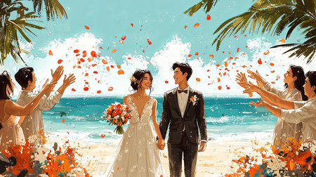A beautiful couple celebrates their wedding on a tropical beach, surrounded by friends, vibrant flowers, and cheerful energy. Scenic ocean backdrop enhances the warm and loving atmosphere of the ceremony.の素材