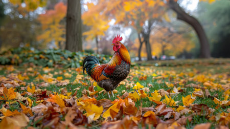 A vibrant rooster with striking plumage stands among colorful fallen leaves in an autumn park, surrounded by trees in seasonal foliage, exuding a sense of natural beauty and tranquility.の素材